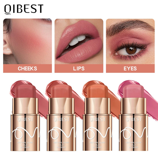 QIBEST Multi-Use blush stick solid Moisturizer Shadow Lips Cheek Blusher Pink Red Orange Waterproof Peach Creamy Makeup Stick