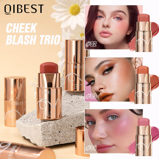 QIBEST Multi-Use blush stick solid Moisturizer Shadow Lips Cheek Blusher Pink Red Orange Waterproof Peach Creamy Makeup Stick